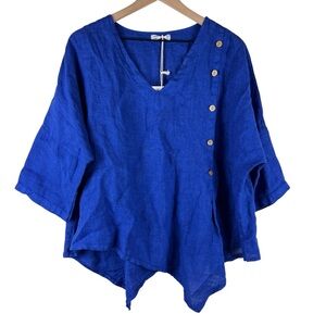 NWT 100% Lino Blue V-Neck Asymmetrical Hem Linen Top